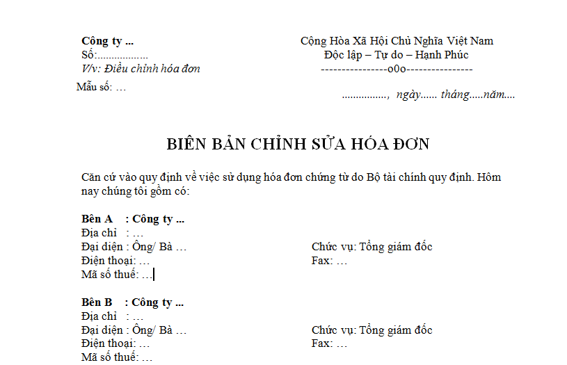 Biên bản điều chỉnh hóa đơn